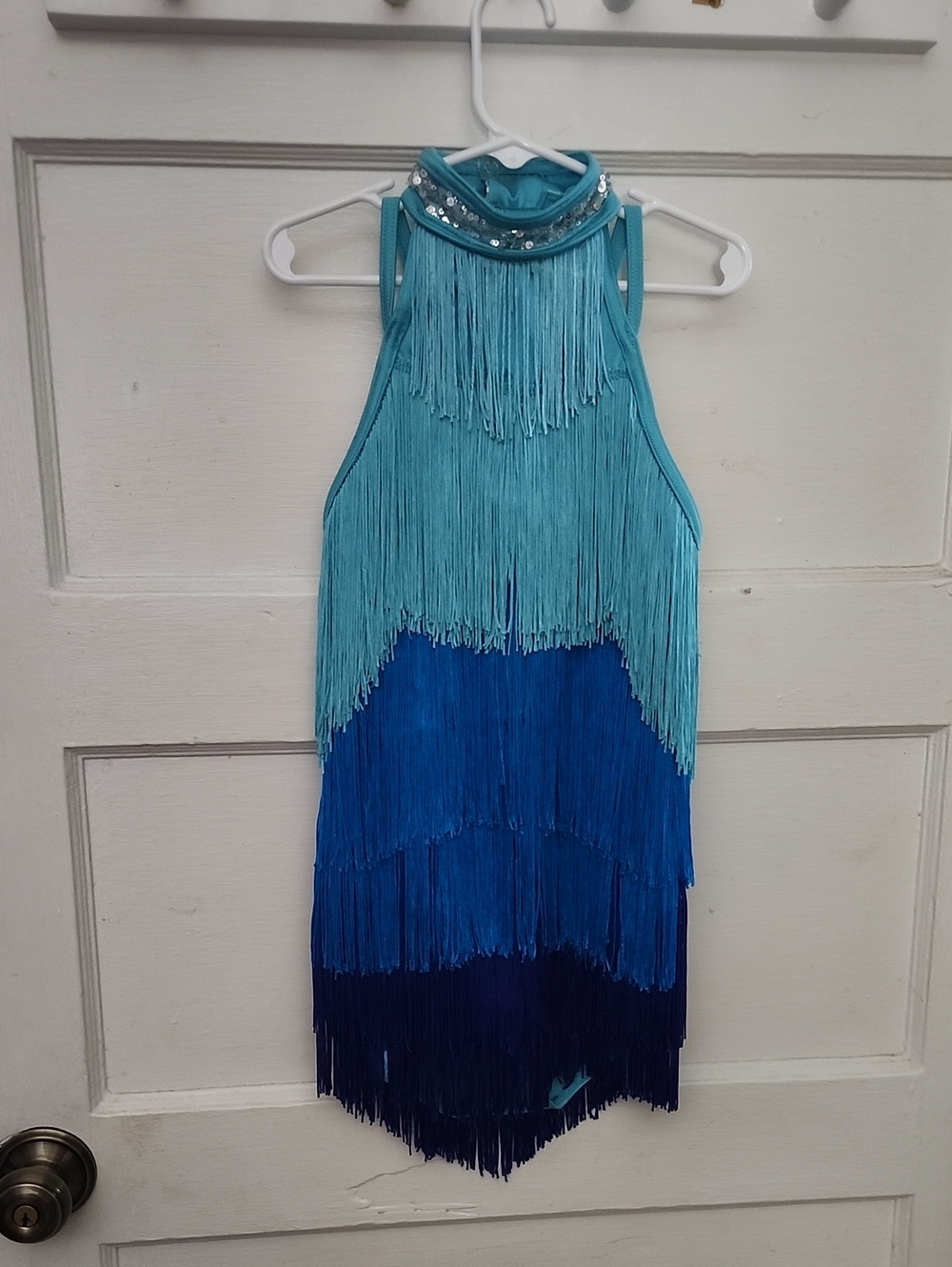 Weissman Teal to Navy Fringe Halter Dance Leotard